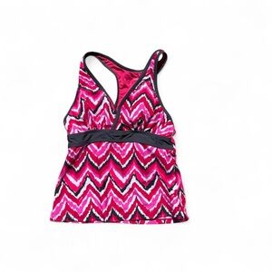 VTG HALTER SWIMSUIT- Country Pink Chevron One-Piece Swim Tank with Black Trim